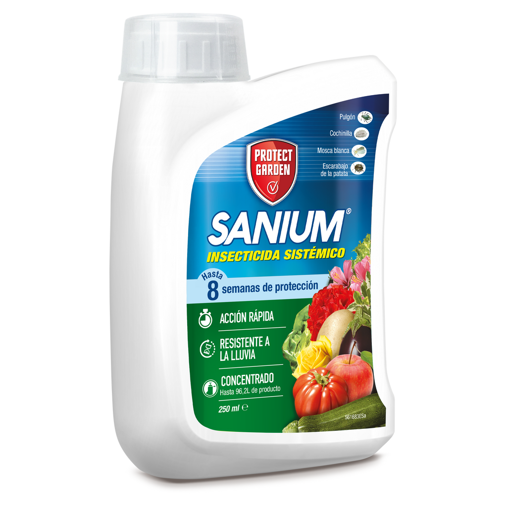 Vista semilateral PG SANIUM CONCENTRADO Insecticida Sistemico Insectos Chupadores 250ml