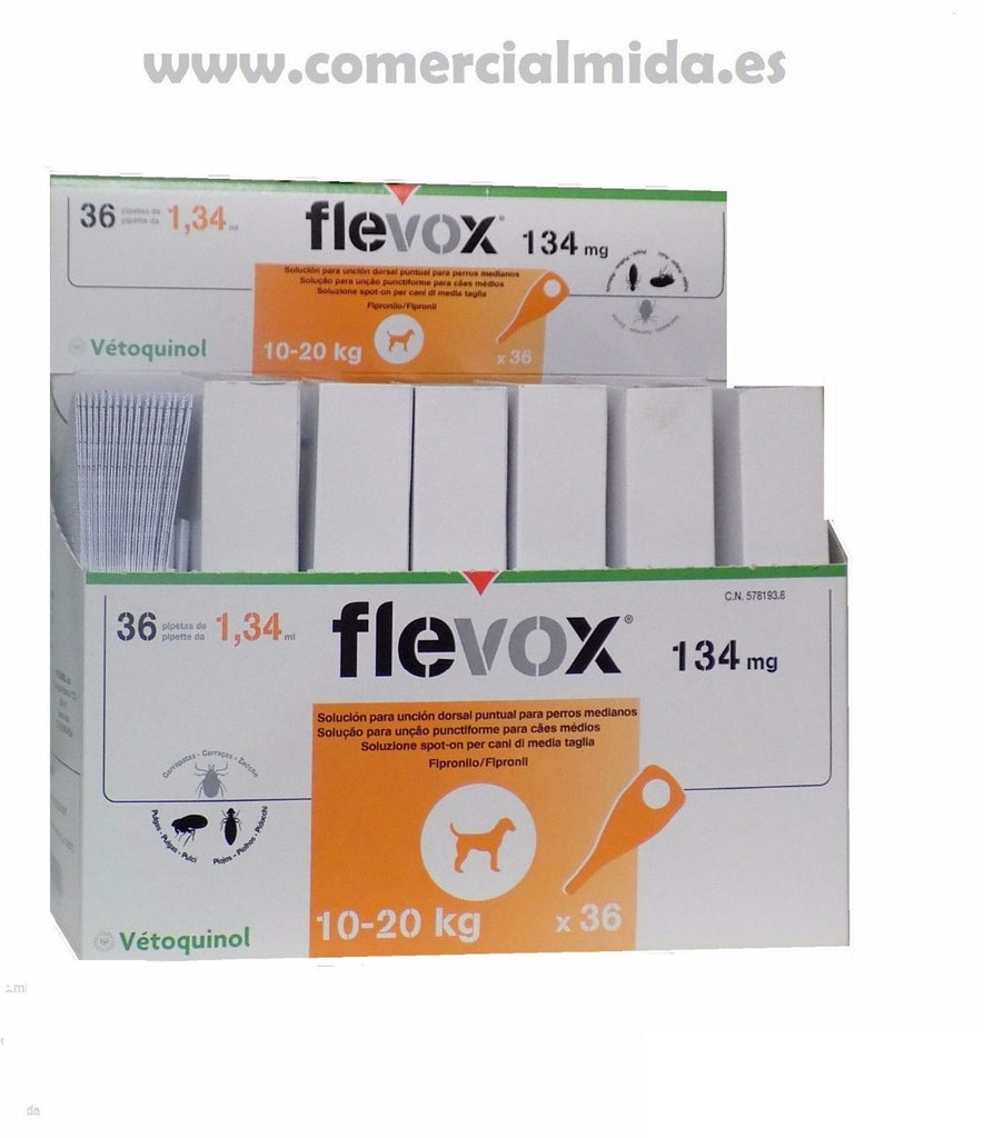 Pipetas FLEVOX para perros 10-20 Kg anti pulgas y garrapatas. Caja 36 pipetas