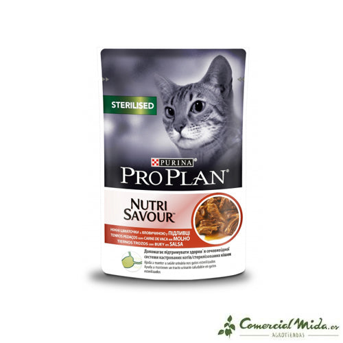 purina pro plan comida húmeda de buey gatos esterilizados